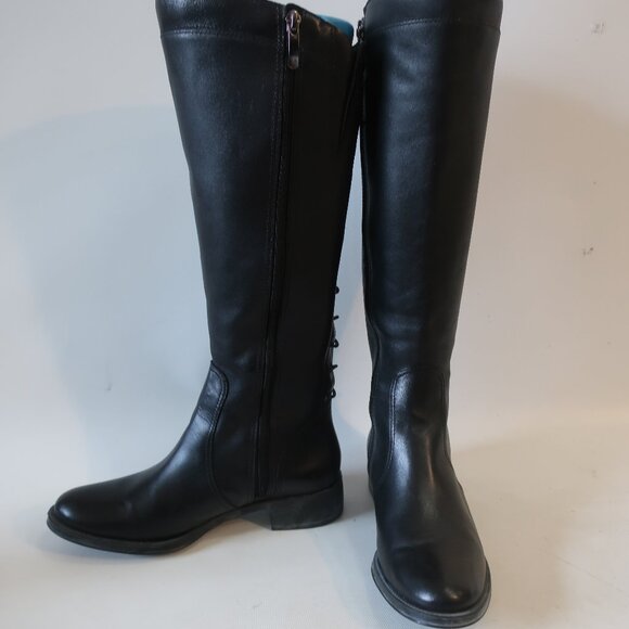 Womens Andre Assous Black Leather Back Lace Up Knee Boots 37 1/2/US 7.5 - Picture 1 of 13